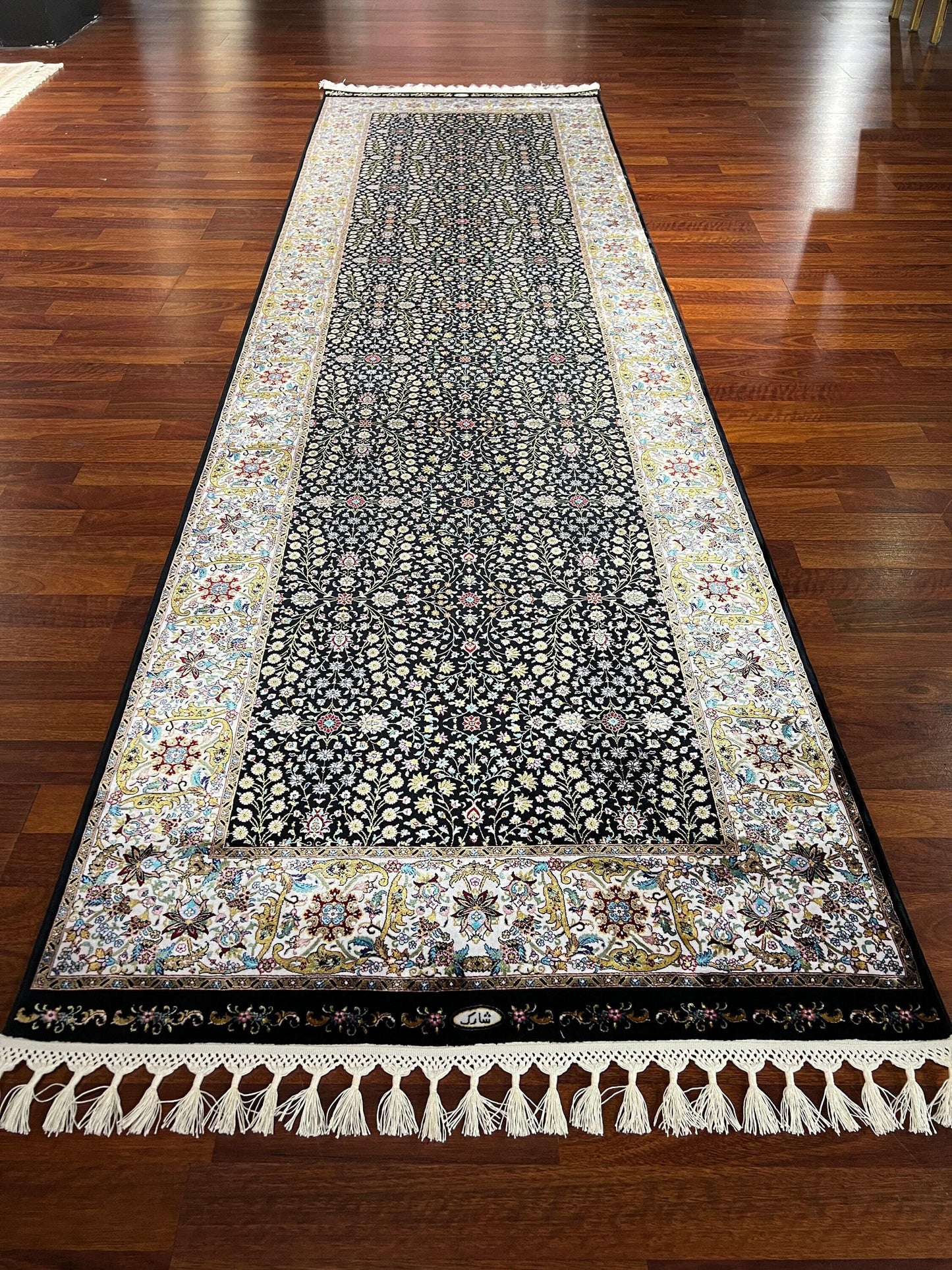 3x10 Black Silk Runner Rug, Floral Pattern Rug, Turkish Runner Rug, Entryway Carpet