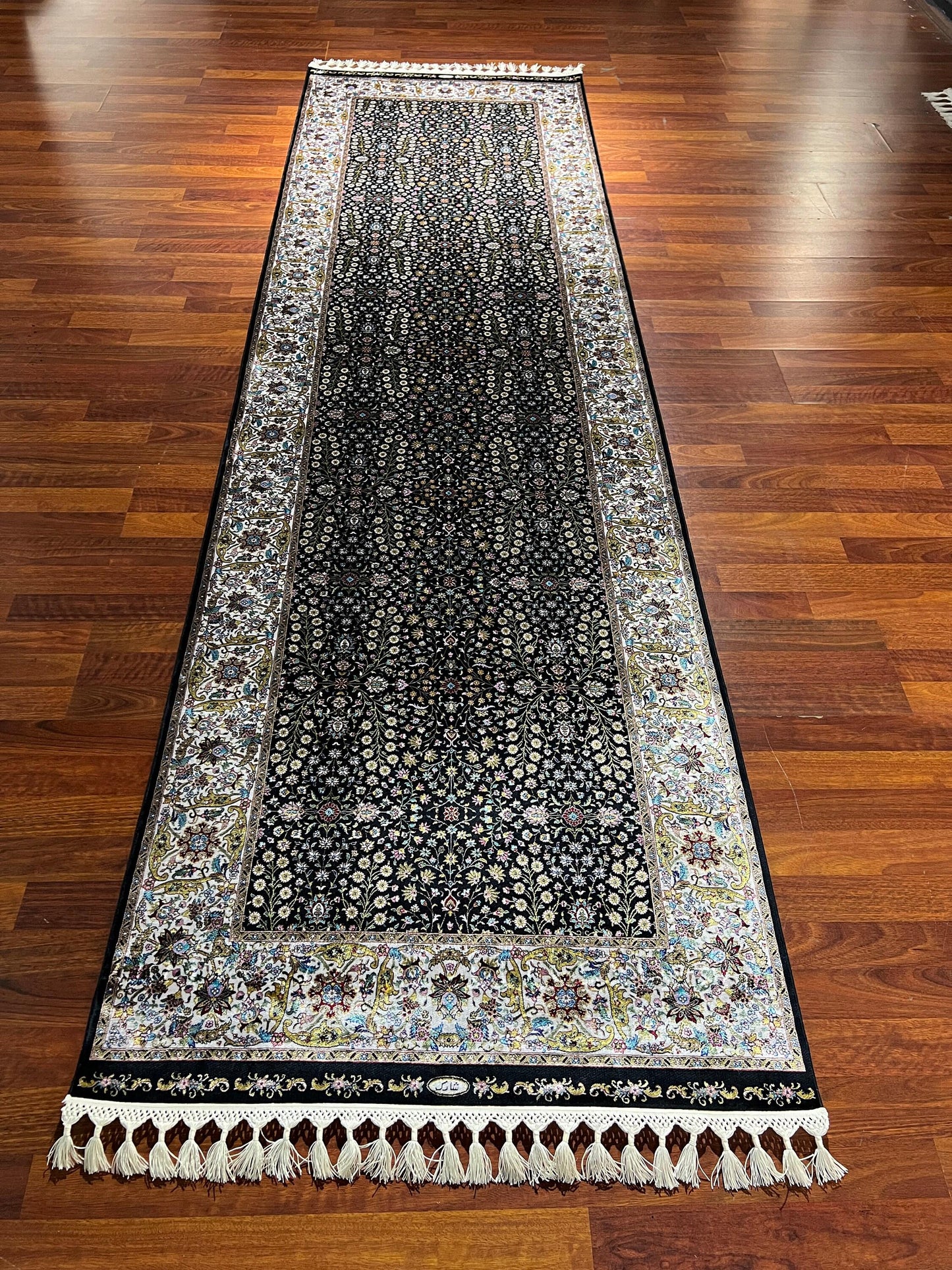 3x10 Black Silk Runner Rug, Floral Pattern Rug, Turkish Runner Rug, Entryway Carpet