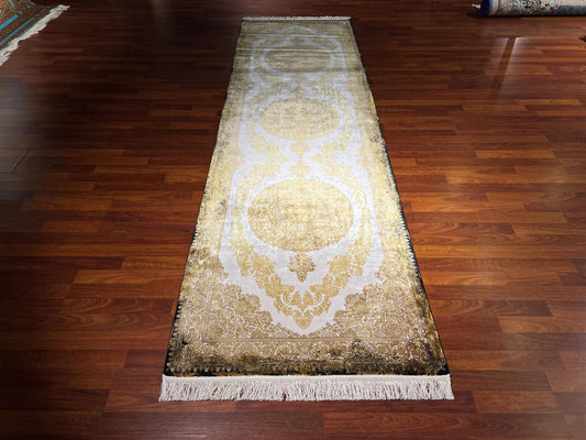 3x10 Gold Beige Runner Rug, Palace Silk Rug, Turkish Runner Rug, Luxury Hallway Rug
