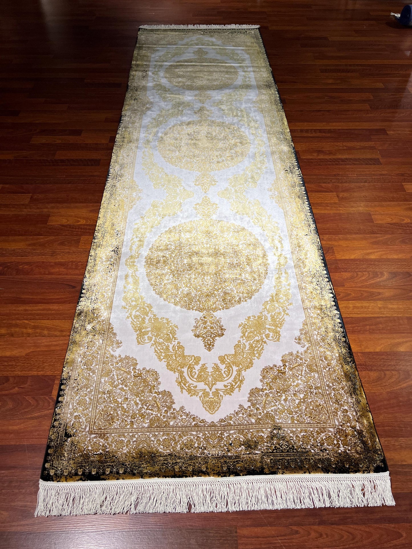 3x10 Gold Beige Runner Rug, Palace Silk Rug, Turkish Runner Rug, Luxury Hallway Rug