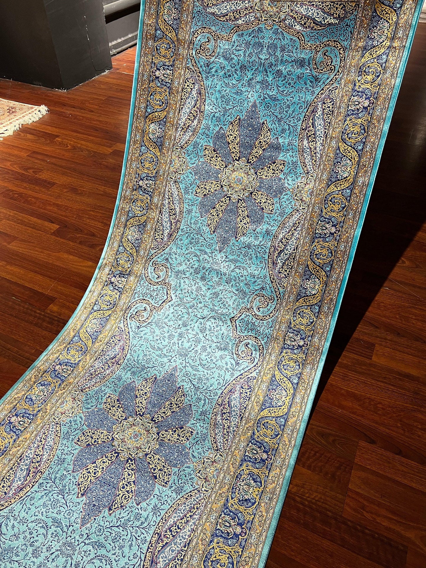 3x10 Blue Silk Runner Rug, Turkish Area Rug, Oriental Runner Rug, Luxury Hallway Rug