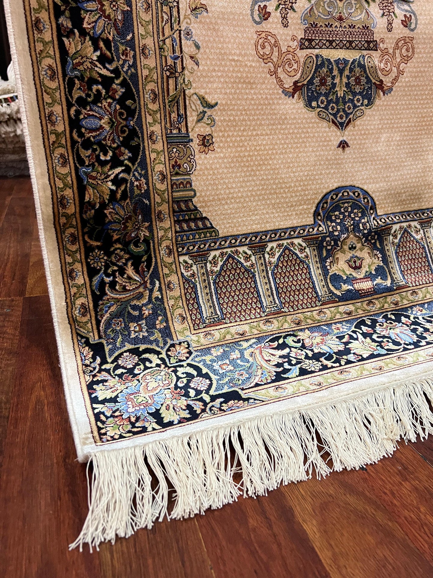 Cream Blue Silk Prayer Rug, Floral Mihrab Janamaz, Turkish Luxury Prayer Mat