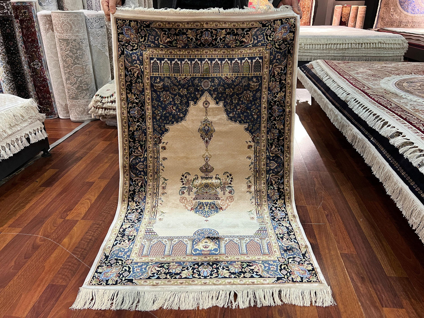 Cream Blue Silk Prayer Rug, Floral Mihrab Janamaz, Turkish Luxury Prayer Mat