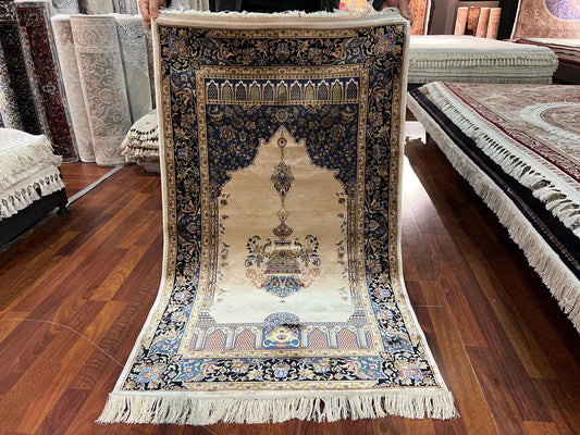 Cream Blue Silk Prayer Rug, Floral Mihrab Janamaz, Turkish Luxury Prayer Mat
