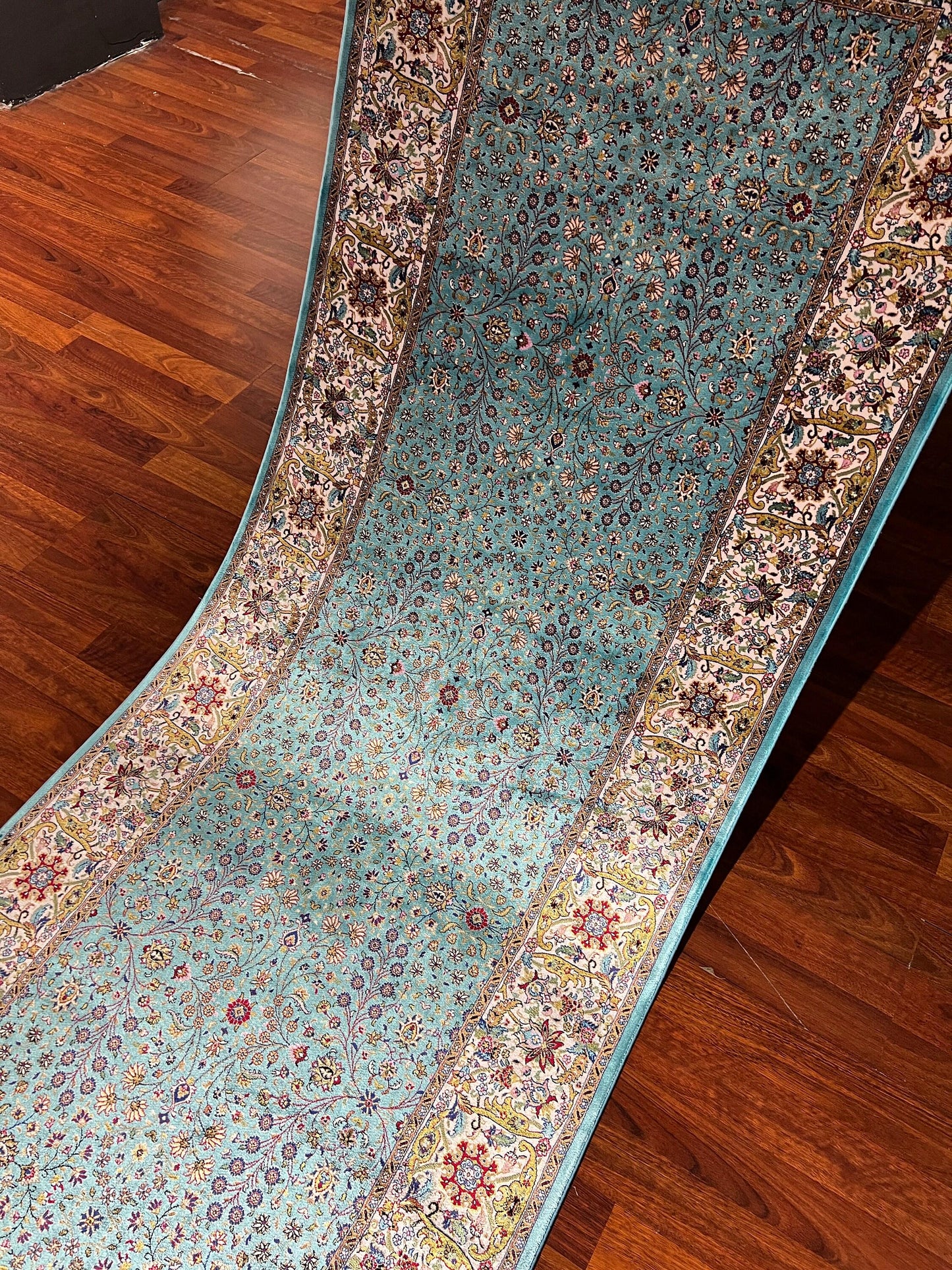 2.6x13ft Turquoise Runner Rug, Aqua Floral Hallway Rug, Modal Silk Entryway Rug, Luxury Decor