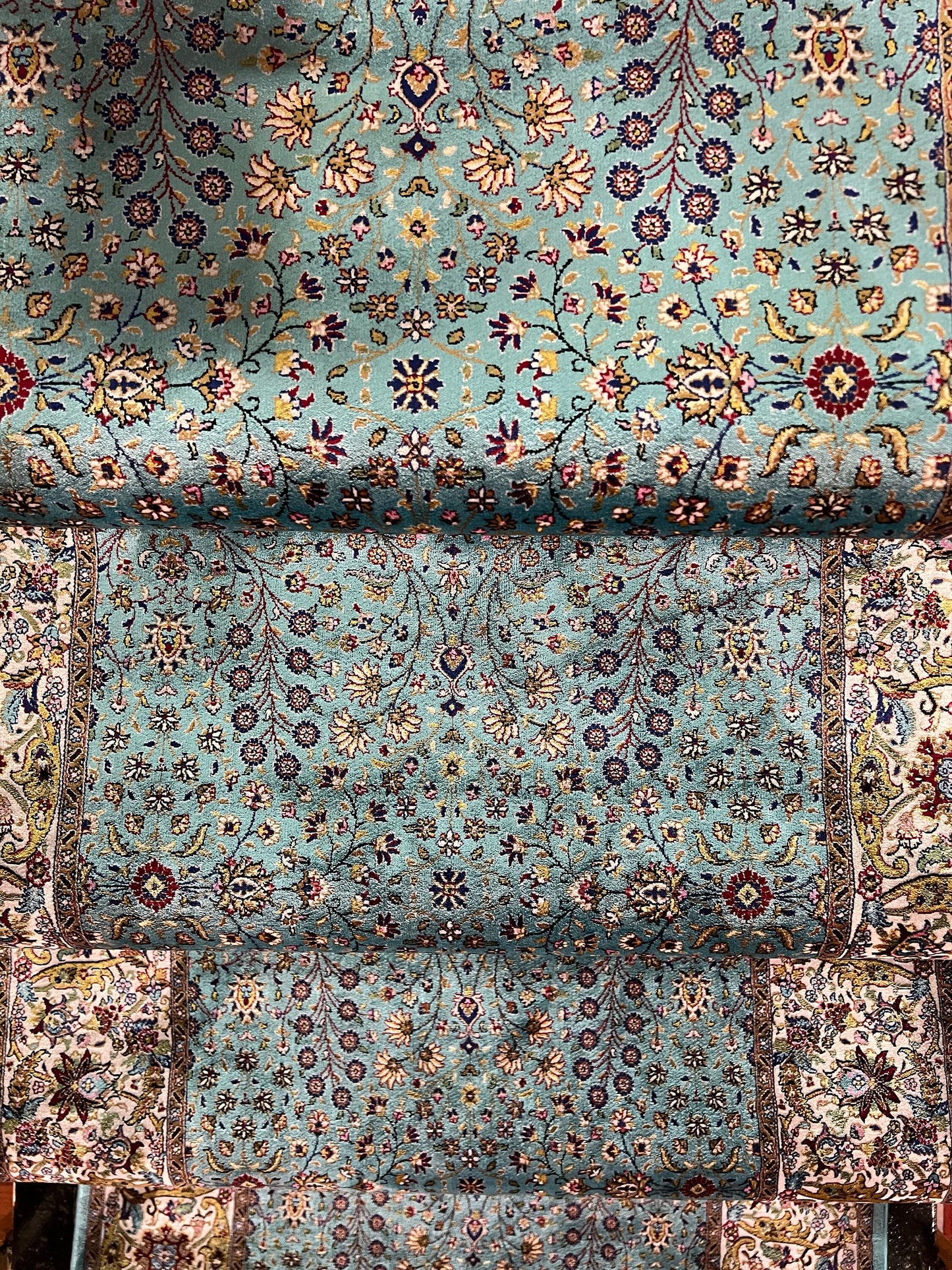 2.6x13ft Turquoise Runner Rug, Aqua Floral Hallway Rug, Modal Silk Entryway Rug, Luxury Decor