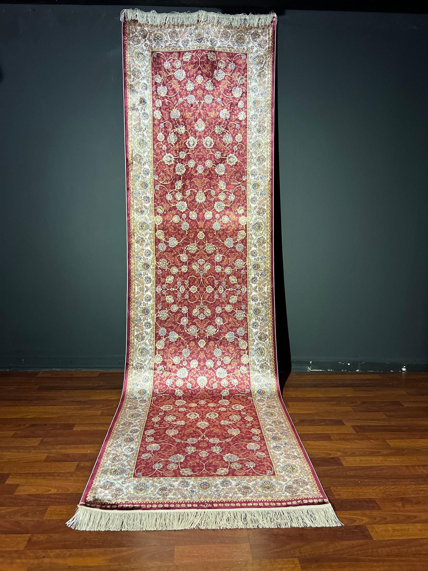 3x10 Red Gold Silk Runner Rug, Turkish Area Rug, Luxury Hallway Entry Rug