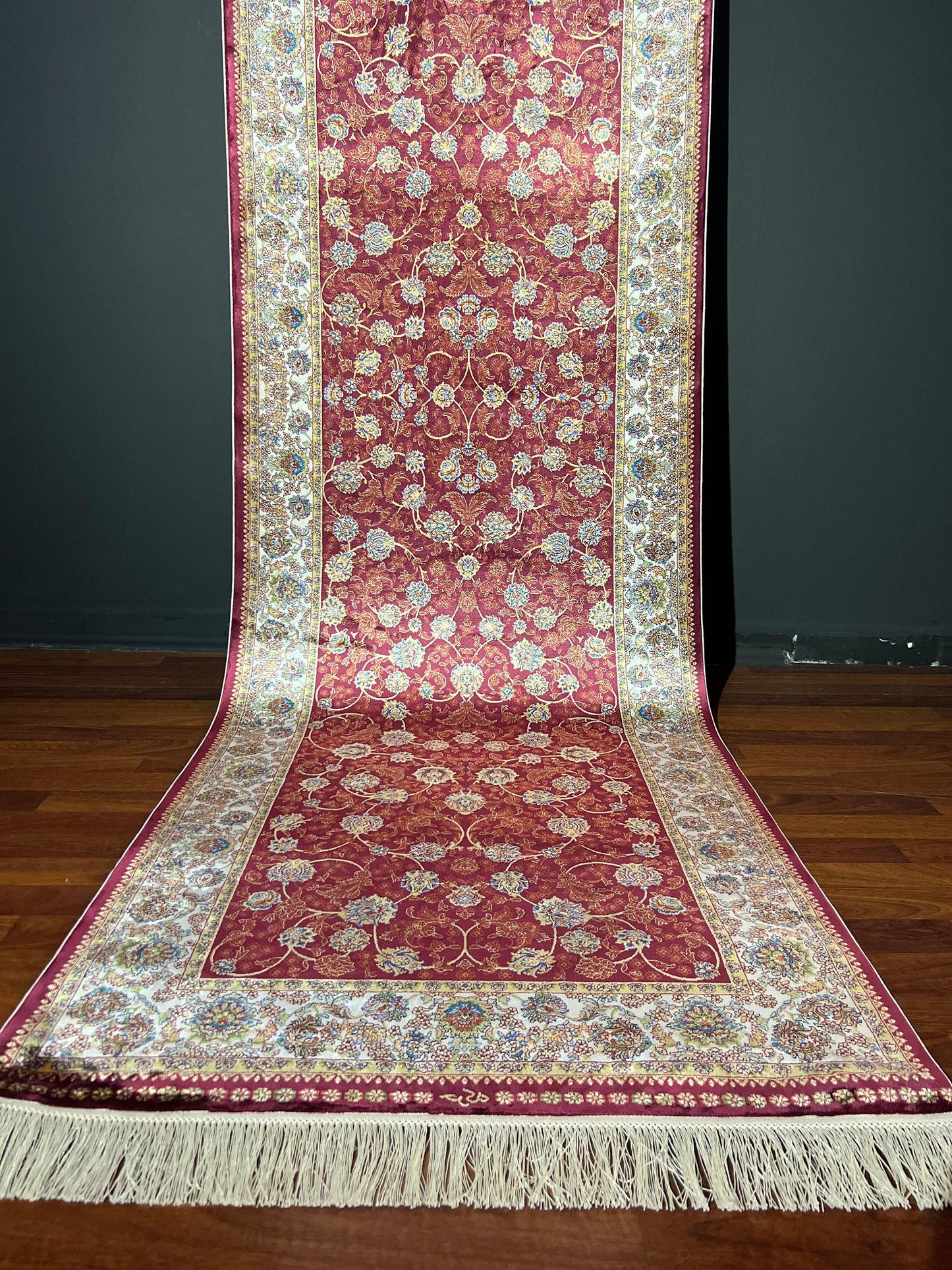 3x10 Red Gold Silk Runner Rug, Turkish Area Rug, Luxury Hallway Entry Rug