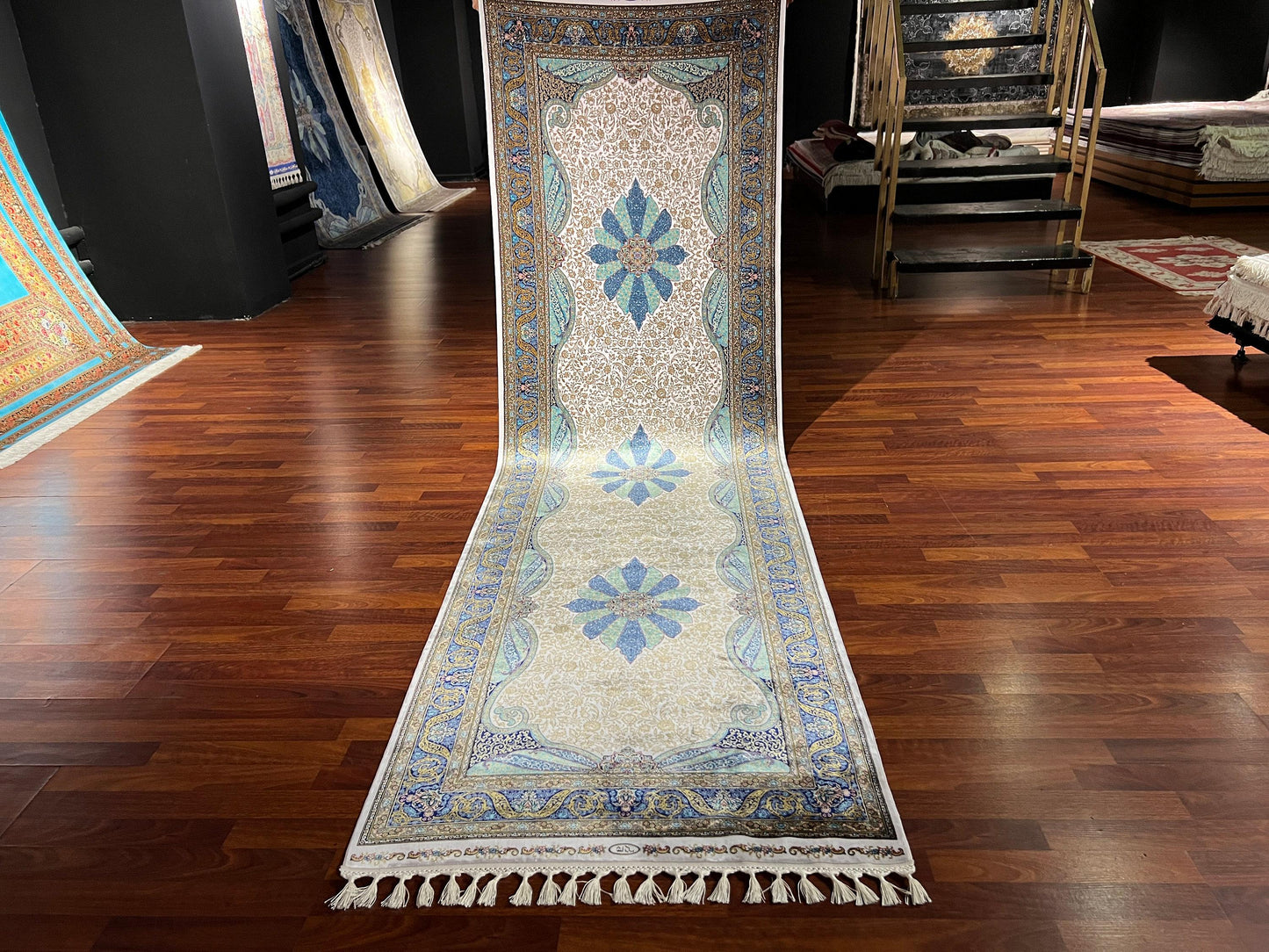 3x10 Blue Beige Silk Runner Rug, Turkish Silk Rug, Luxury Hallway Entry Rug