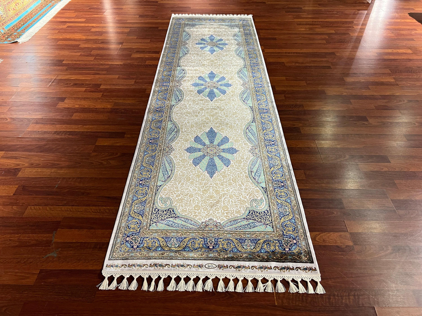 3x10 Blue Beige Silk Runner Rug, Turkish Silk Rug, Luxury Hallway Entry Rug