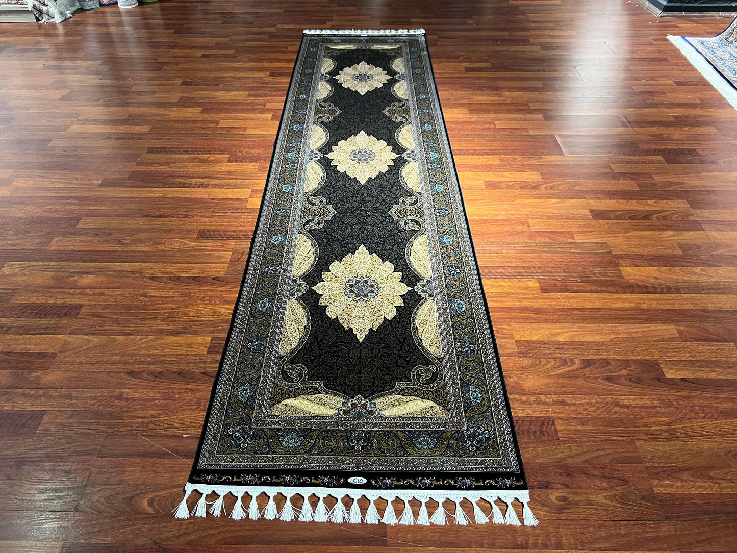 3x10 Black Beige Silk Runner Rug, Turkish Area Rug, Luxury Hallway Entry Rug