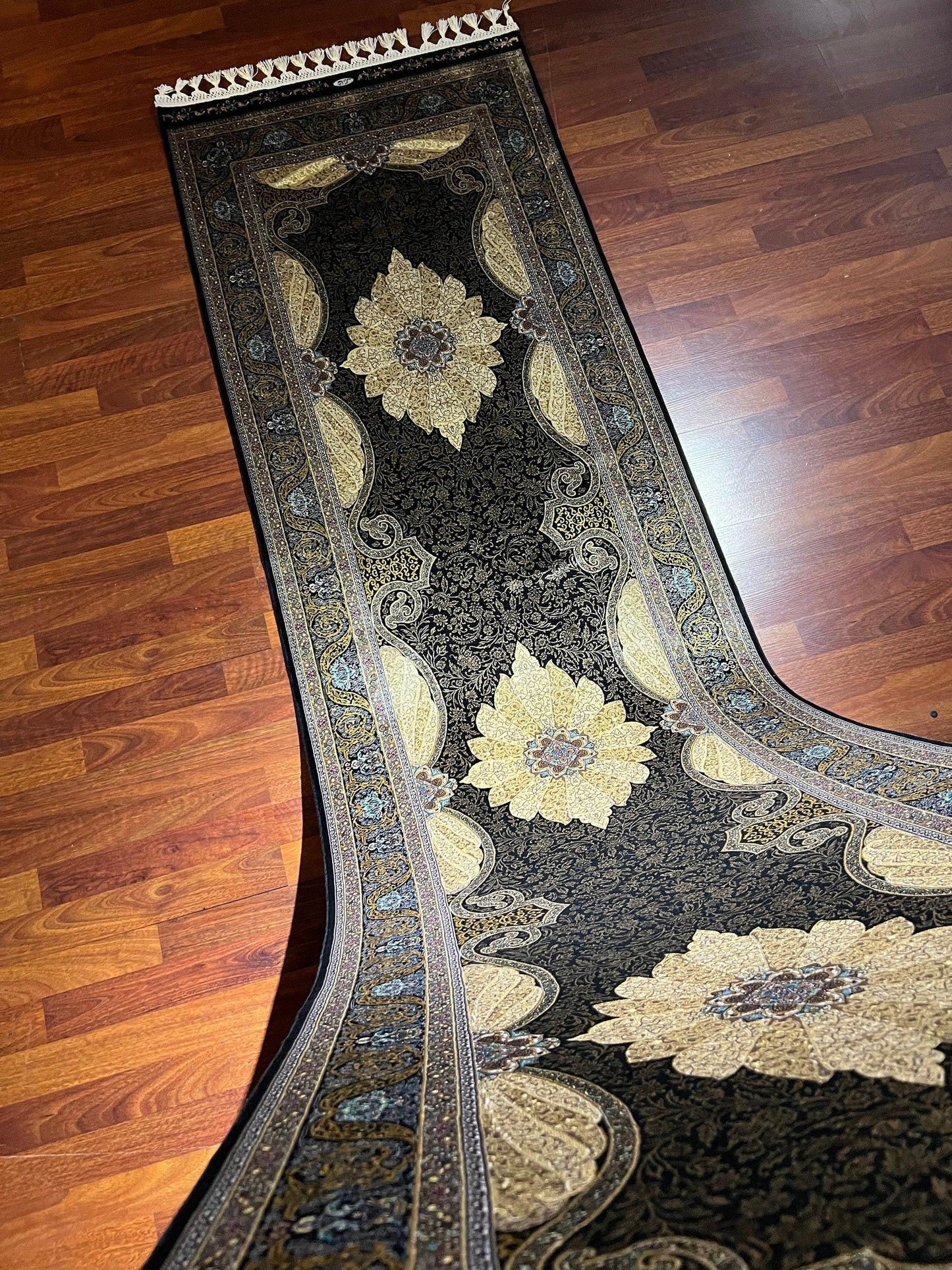 3x10 Black Beige Silk Runner Rug, Turkish Area Rug, Luxury Hallway Entry Rug