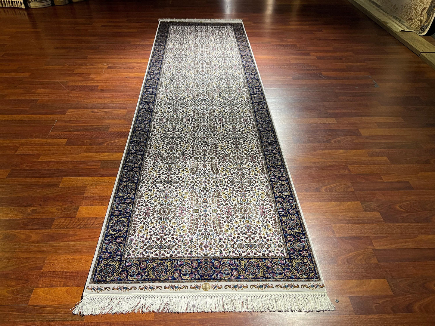 3x10 Blue Beige Silk Runner Rug, Turkish Area Rug, Floral Hallway Rug