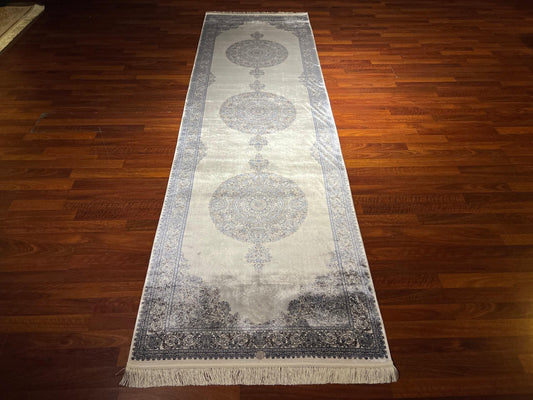 3x10 Gray Beige Silk Runner Rug, Turkish Area Rug, Luxury Hallway Rug