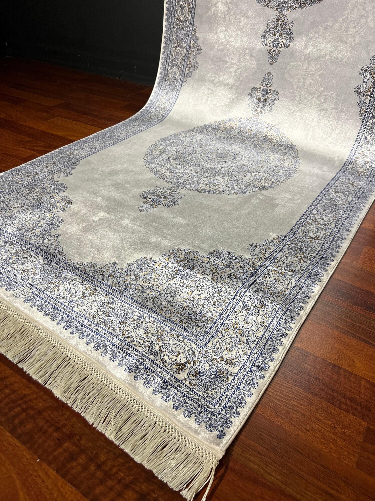 3x10 Gray Beige Silk Runner Rug, Turkish Area Rug, Luxury Hallway Rug