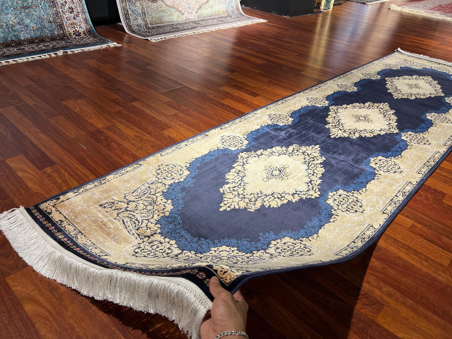 3x10 Blue Silk Runner Rug, Turkish Area Rug, Gold Hallway Carpet