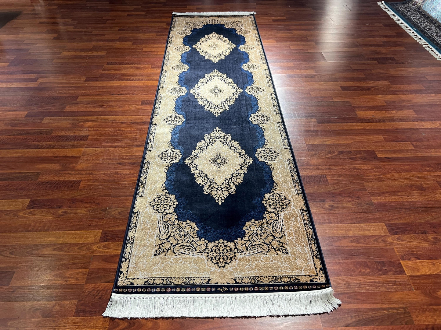 3x10 Blue Silk Runner Rug, Turkish Area Rug, Gold Hallway Carpet