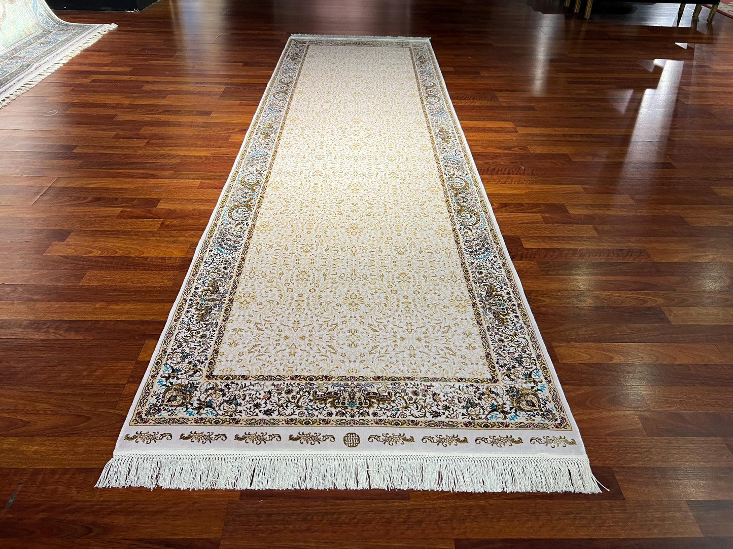 3x10 Gold Brown Silk Runner Rug, Turkish Area Rug, Neutral Hallway Carpet