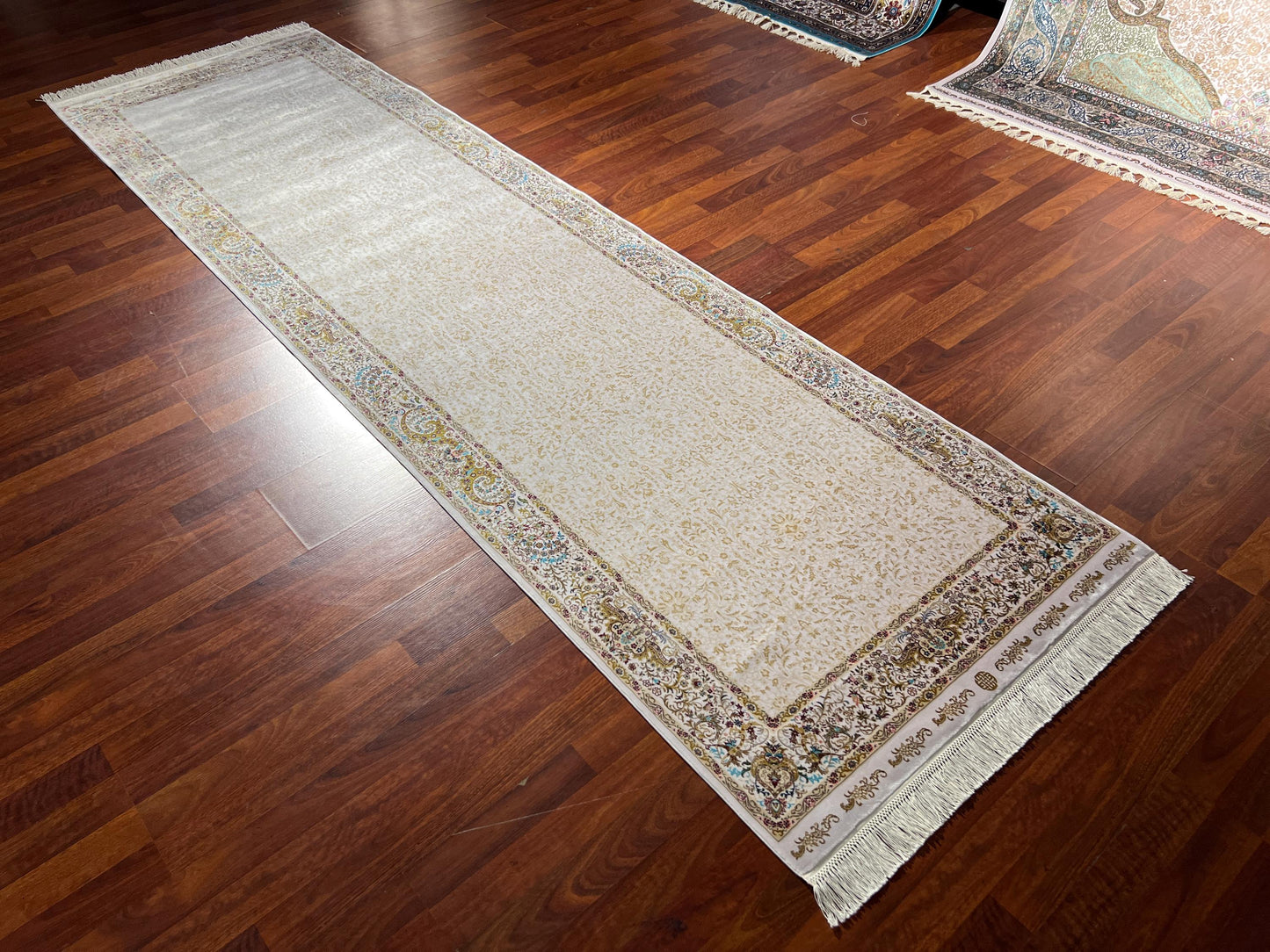 3x10 Gold Brown Silk Runner Rug, Turkish Area Rug, Neutral Hallway Carpet