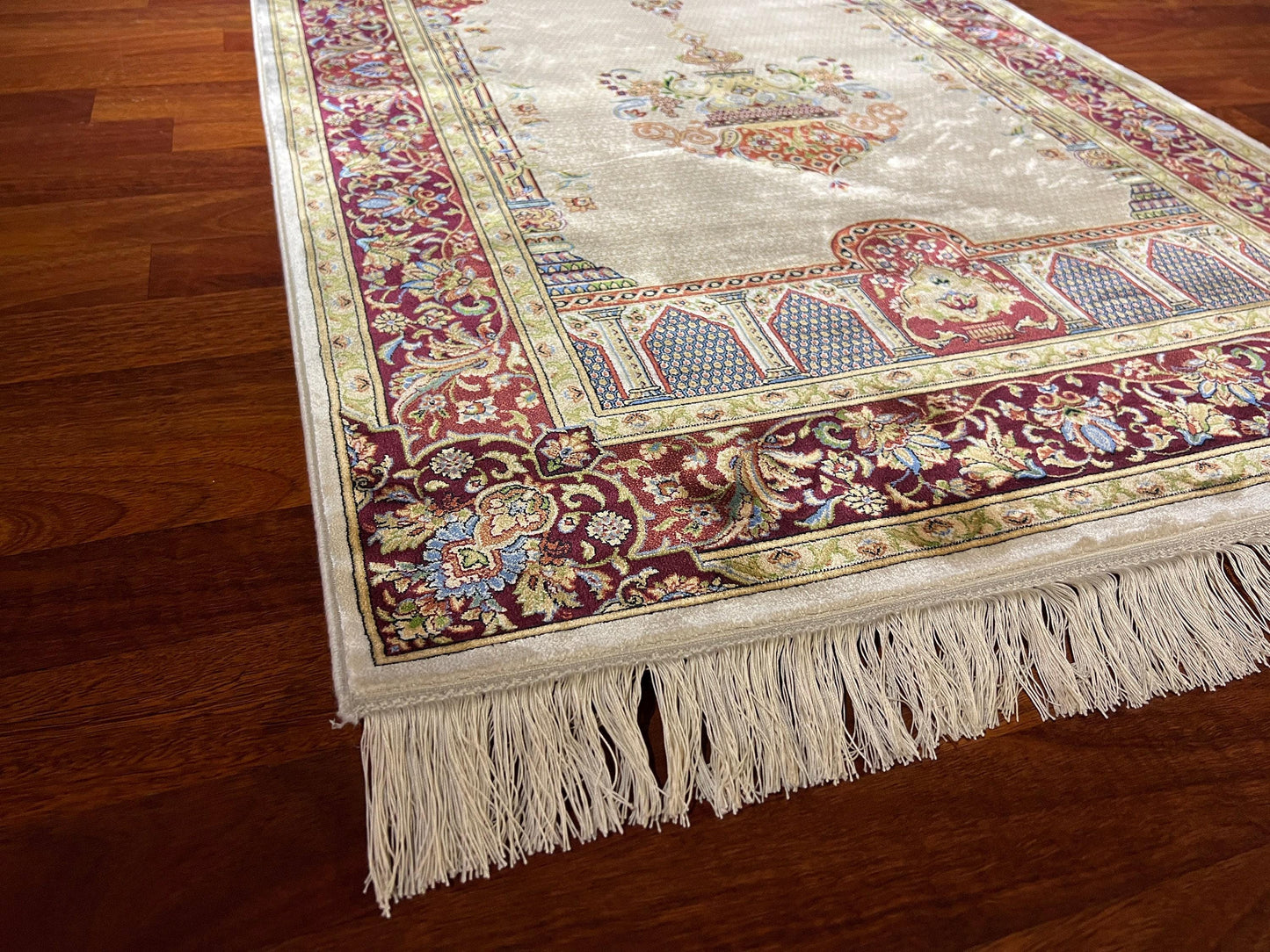 Red Beige Silk Prayer Rug, Floral Mihrab Janamaz, Luxury Islamic Gift Mat