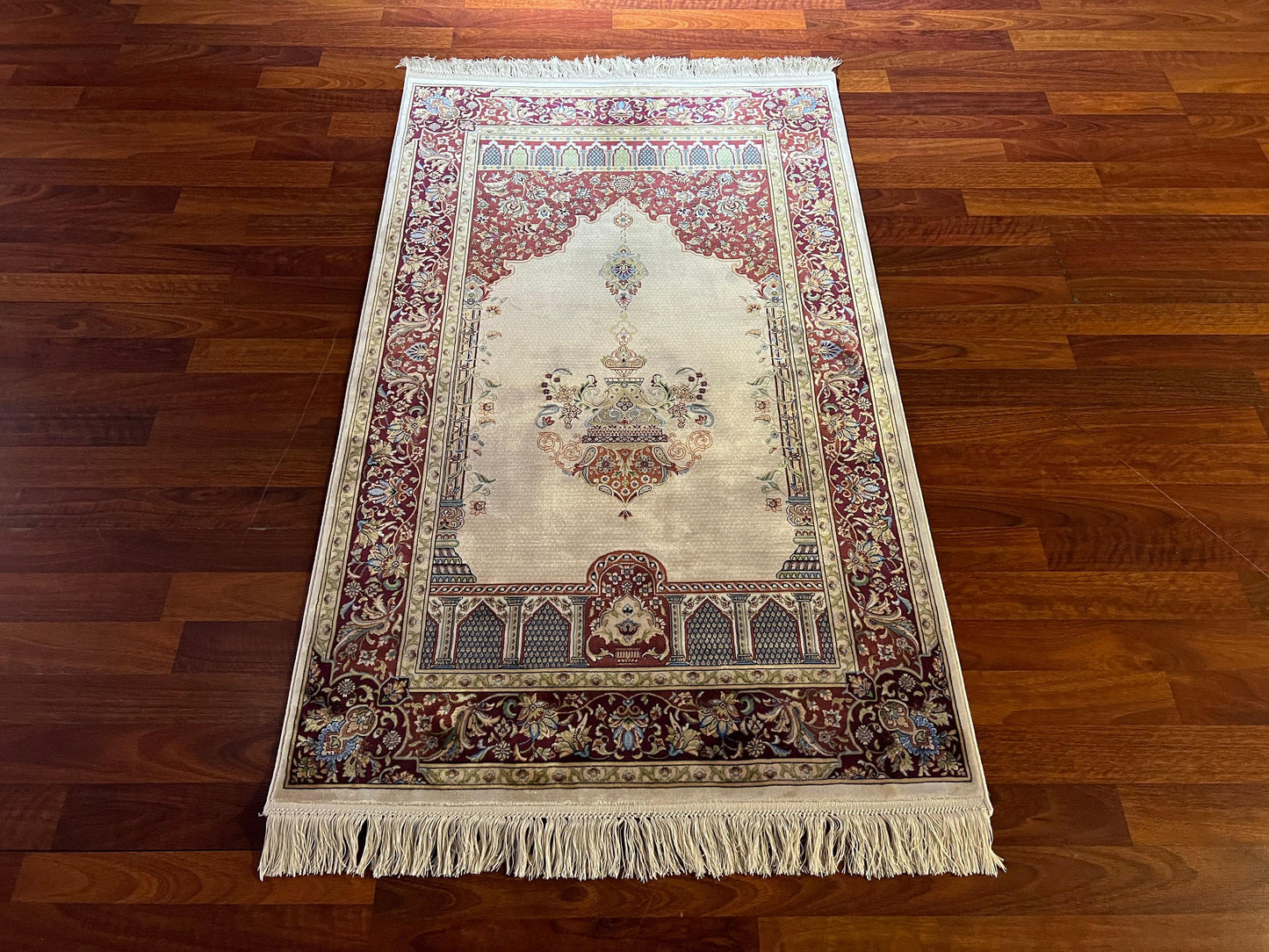 Red Beige Silk Prayer Rug, Floral Mihrab Janamaz, Luxury Islamic Gift Mat