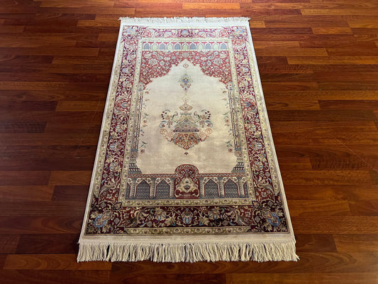 Red Beige Silk Prayer Rug, Floral Mihrab Janamaz, Luxury Islamic Gift Mat