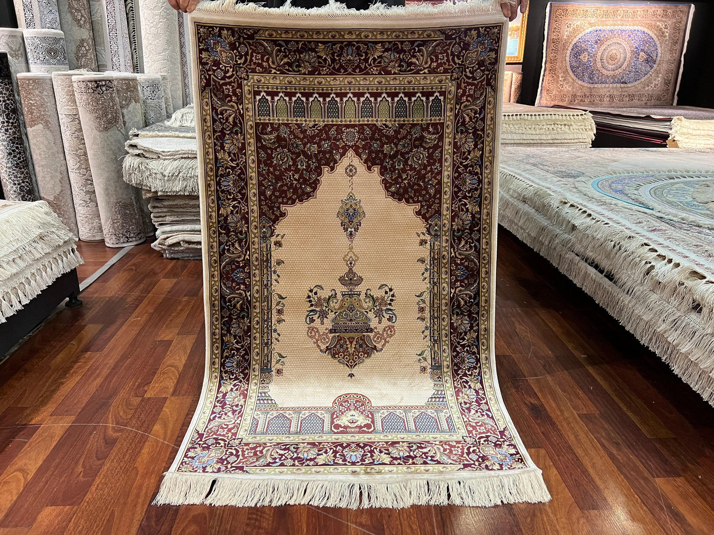 Red Beige Silk Prayer Rug, Floral Mihrab Janamaz, Luxury Islamic Gift Mat