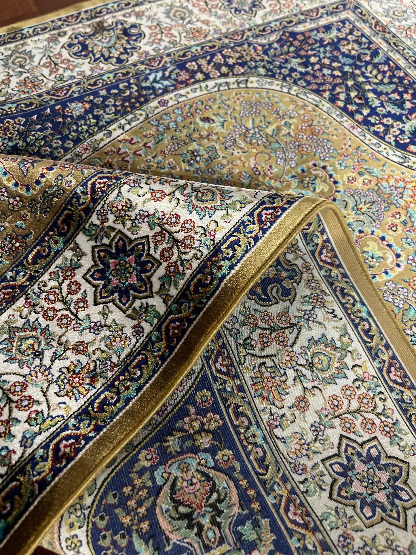 Green Blue Silk Prayer Rug, Floral Mihrab Janamaz, Luxury Islamic Gift Mat