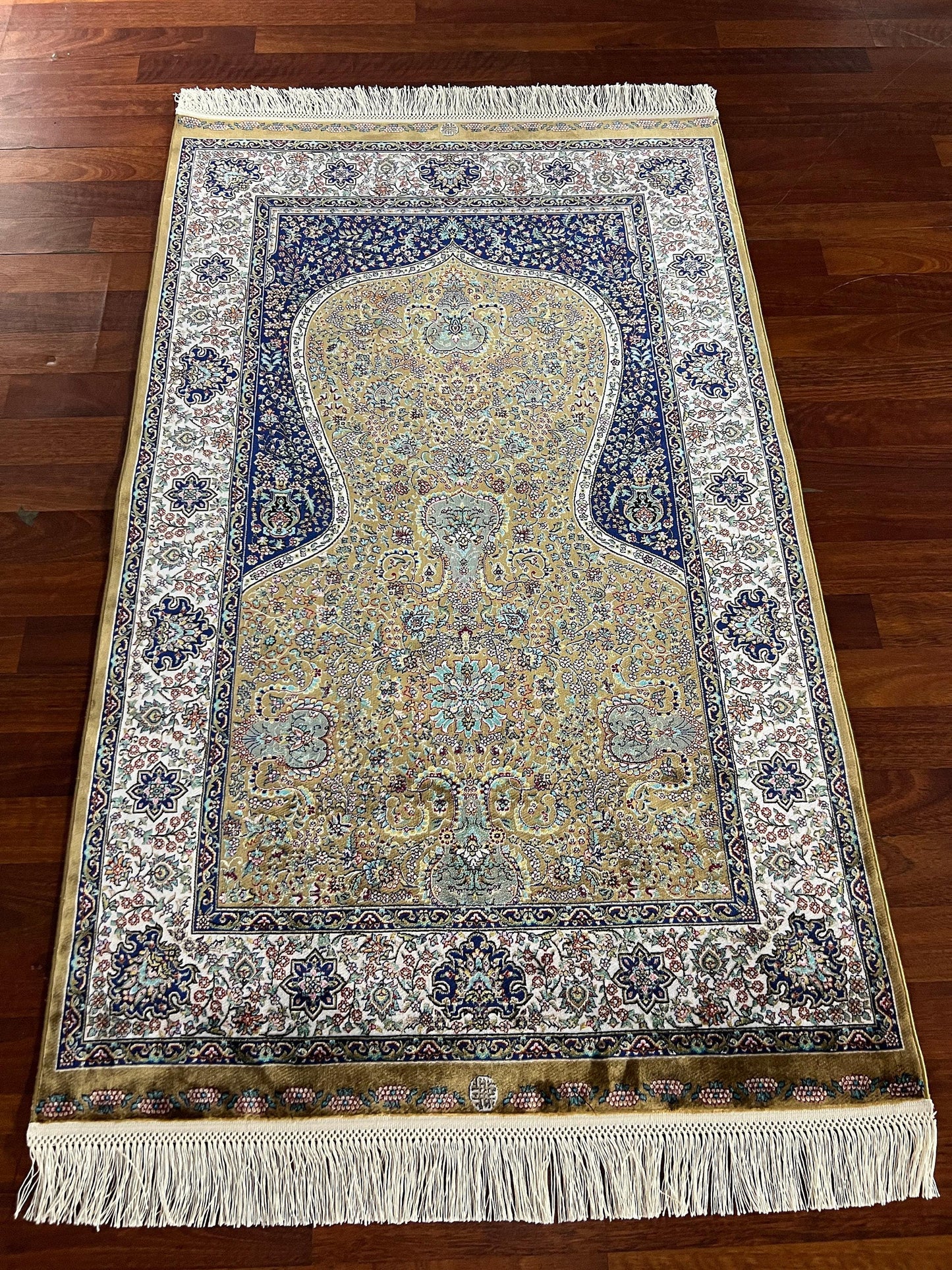 Green Blue Silk Prayer Rug, Floral Mihrab Janamaz, Luxury Islamic Gift Mat