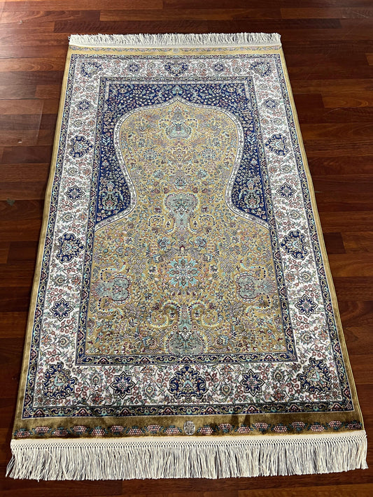 Green Blue Silk Prayer Rug, Floral Mihrab Janamaz, Luxury Islamic Gift Mat