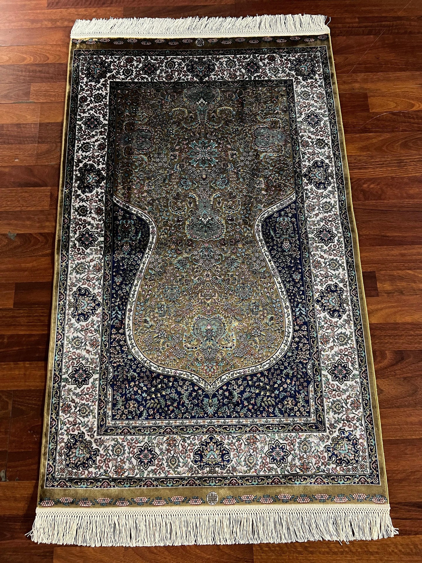Green Blue Silk Prayer Rug, Floral Mihrab Janamaz, Luxury Islamic Gift Mat