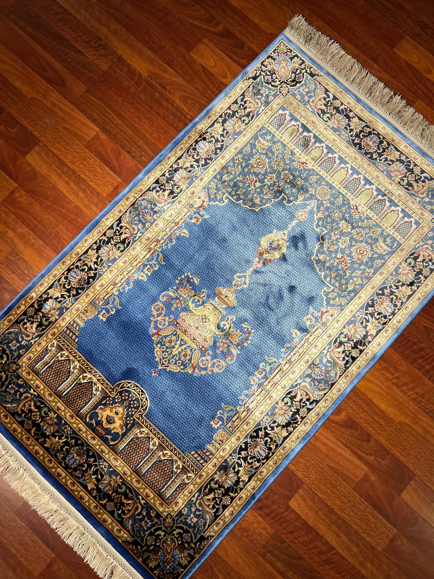 Blue Beige Silk Prayer Rug, Mihrab Floral Janamaz, Luxury Islamic Gift Mat