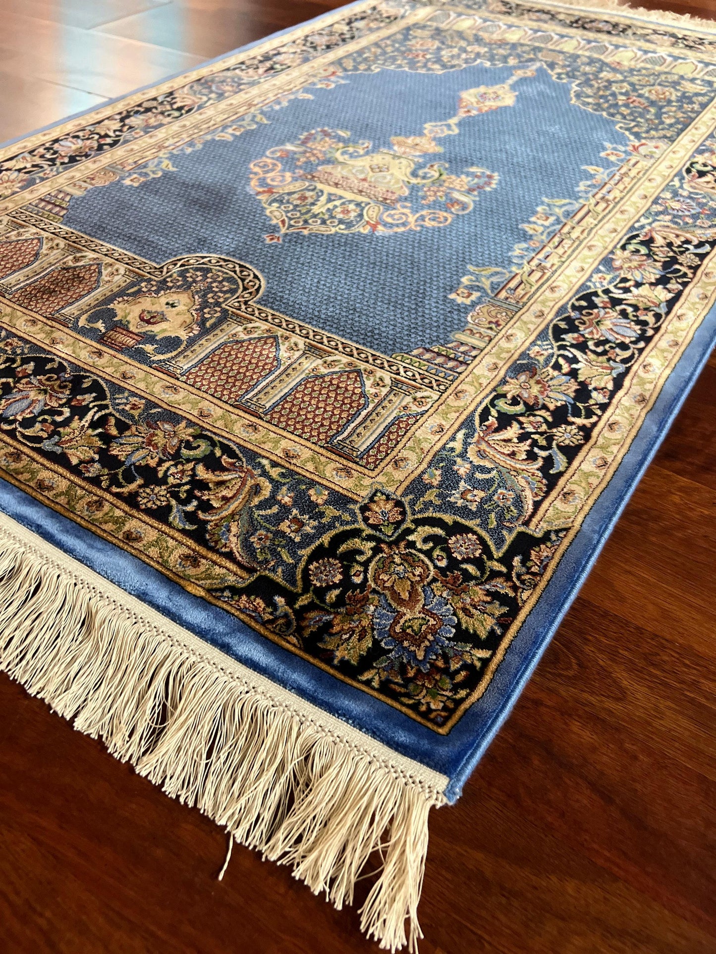 Blue Beige Silk Prayer Rug, Mihrab Floral Janamaz, Luxury Islamic Gift Mat