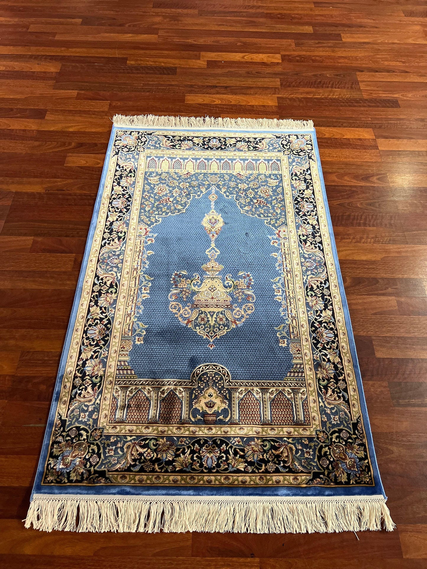Blue Beige Silk Prayer Rug, Mihrab Floral Janamaz, Luxury Islamic Gift Mat