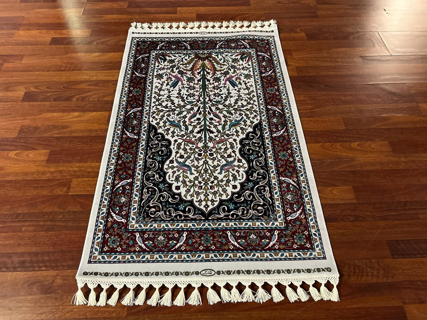 Floral Tree Silk Prayer Rug, Red Border Janamaz, Luxury Islamic Gift Mat