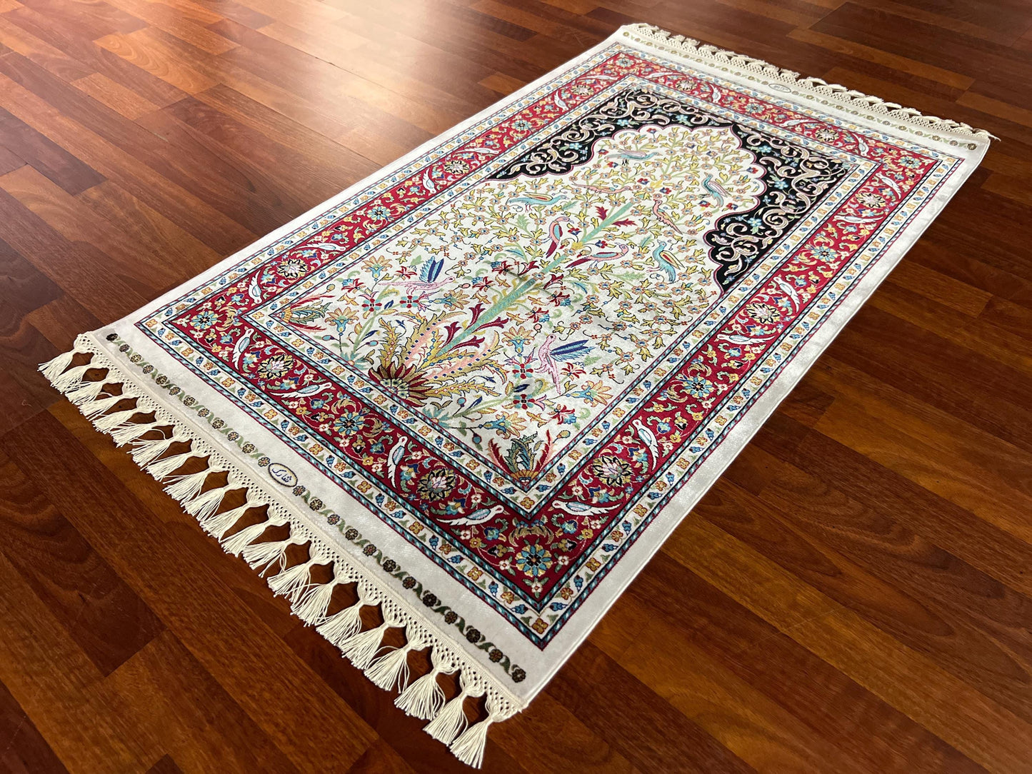 Floral Tree Silk Prayer Rug, Red Border Janamaz, Luxury Islamic Gift Mat