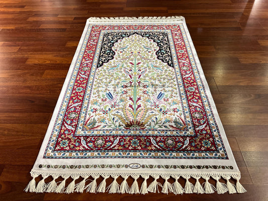 Floral Tree Silk Prayer Rug, Red Border Janamaz, Luxury Islamic Gift Mat