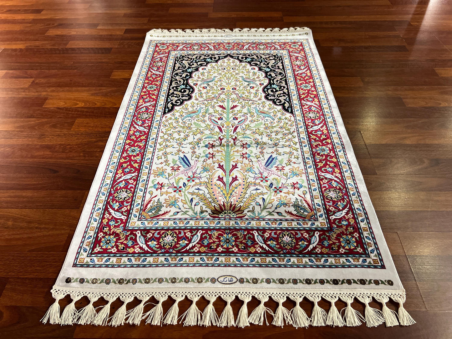 Floral Tree Silk Prayer Rug, Red Border Janamaz, Luxury Islamic Gift Mat