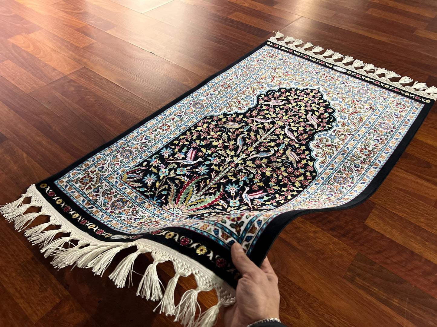 Black Floral Silk Prayer Rug, Tree Pattern Janamaz, Luxury Islamic Gift Mat