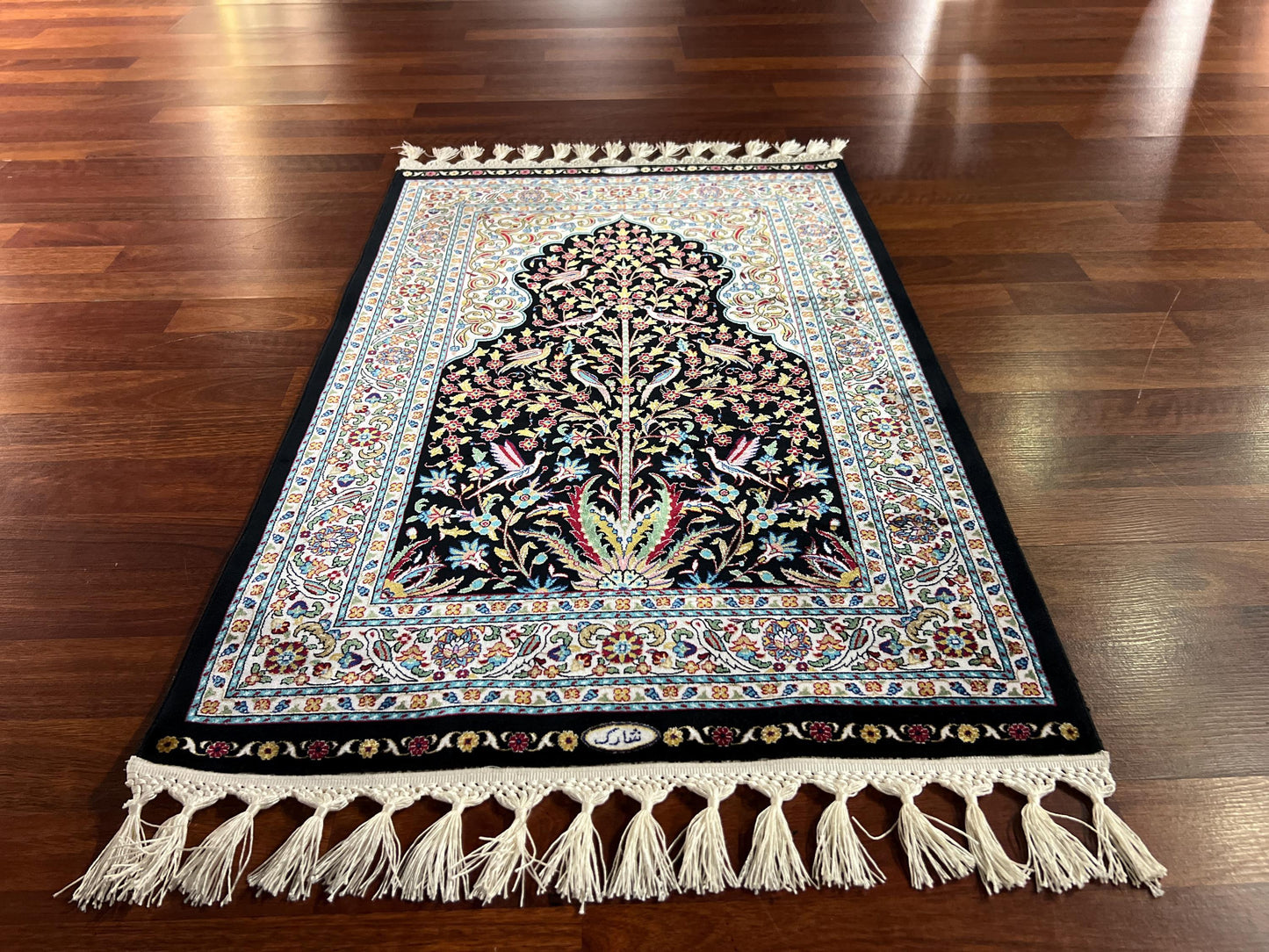 Black Floral Silk Prayer Rug, Tree Pattern Janamaz, Luxury Islamic Gift Mat