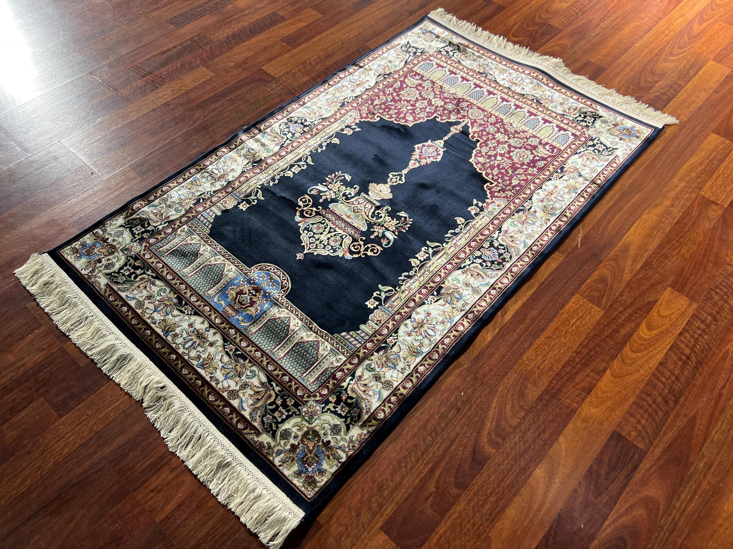 Black Mihrab Silk Prayer Rug, Floral Islamic Janamaz, Luxury Gift Prayer Mat