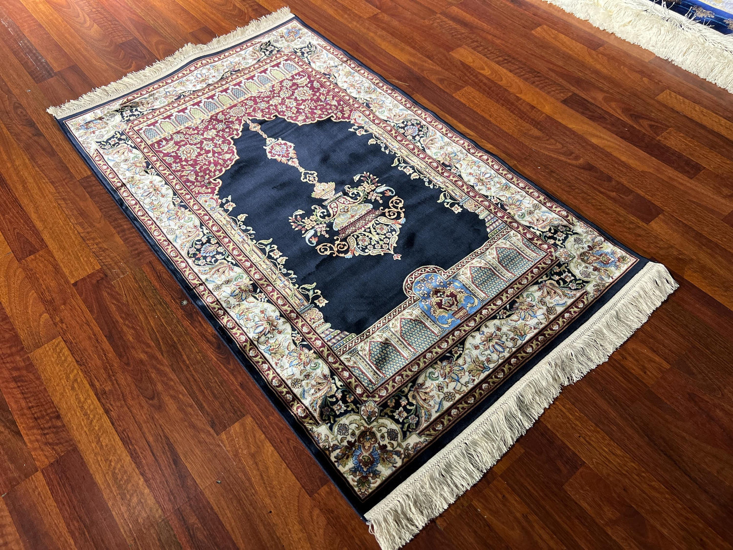 Black Mihrab Silk Prayer Rug, Floral Islamic Janamaz, Luxury Gift Prayer Mat