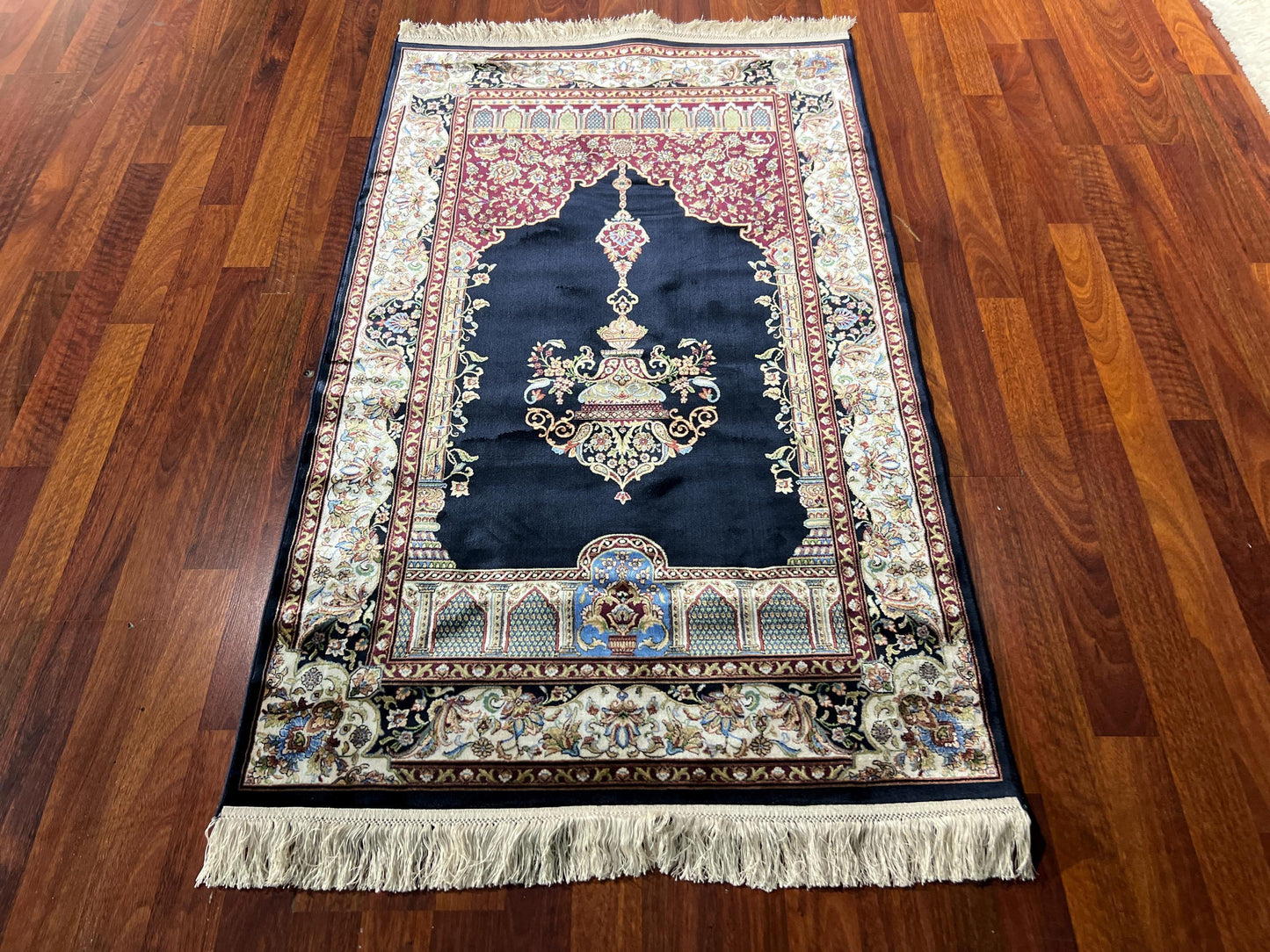 Black Mihrab Silk Prayer Rug, Floral Islamic Janamaz, Luxury Gift Prayer Mat