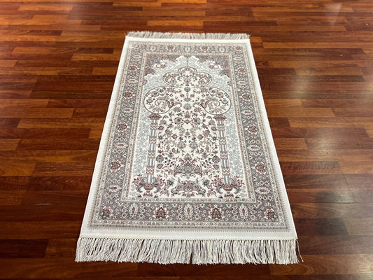White Gray Silk Prayer Rug, Minimal Floral Janamaz, Elegant Islamic Gift Mat