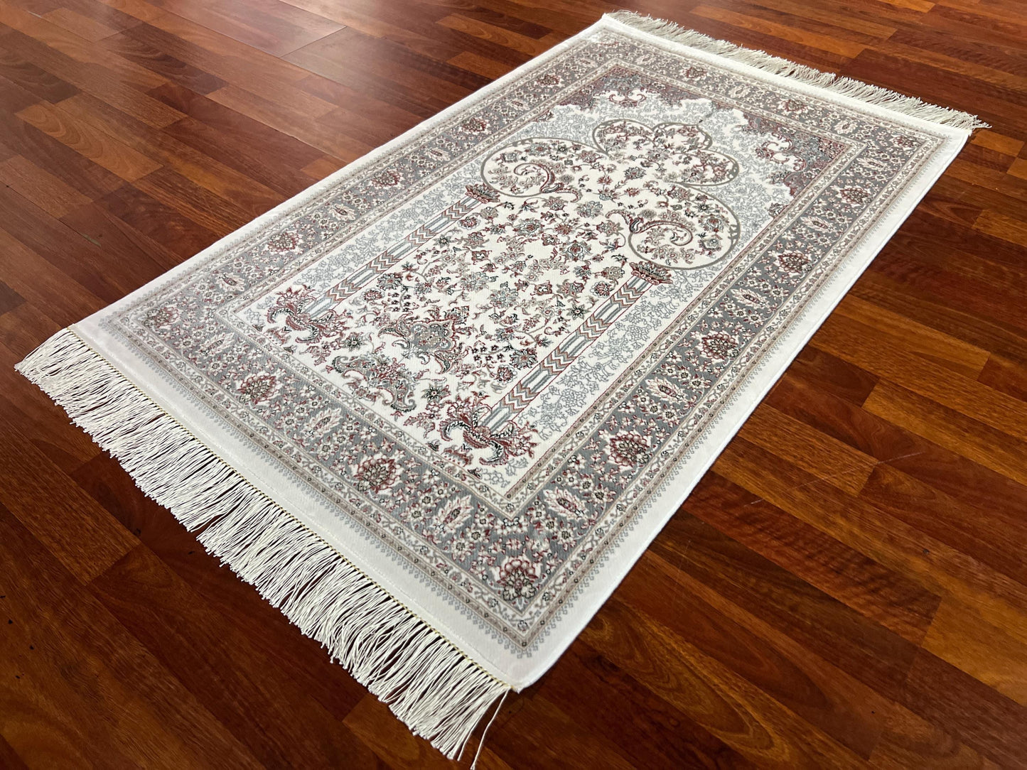 White Gray Silk Prayer Rug, Minimal Floral Janamaz, Elegant Islamic Gift Mat
