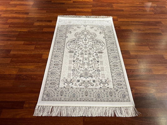 White Gray Minimal Silk Prayer Rug, Elegant Janamaz, Floral Islamic Gift Mat