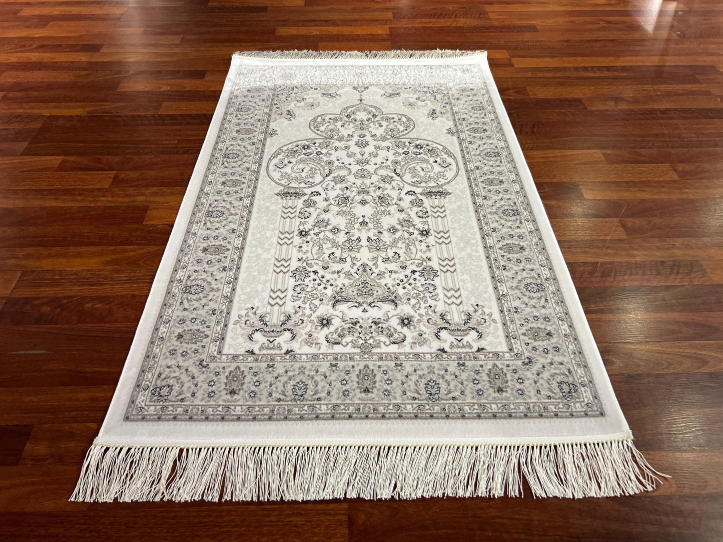 White Gray Minimal Silk Prayer Rug, Elegant Janamaz, Floral Islamic Gift Mat