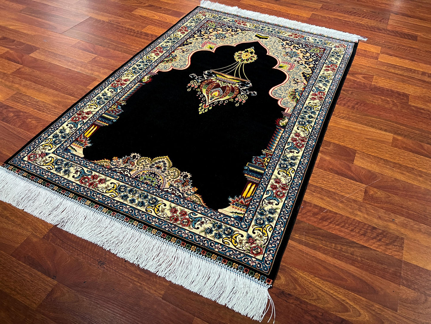 Black Gold Silk Prayer Rug, Mihrab Arch Janamaz, Luxury Islamic Gift Mat