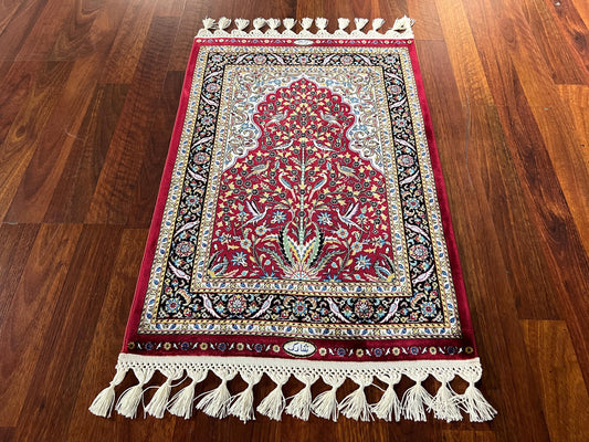 Red Floral Silk Prayer Rug, Tree Pattern Janamaz, Luxury Islamic Gift Mat