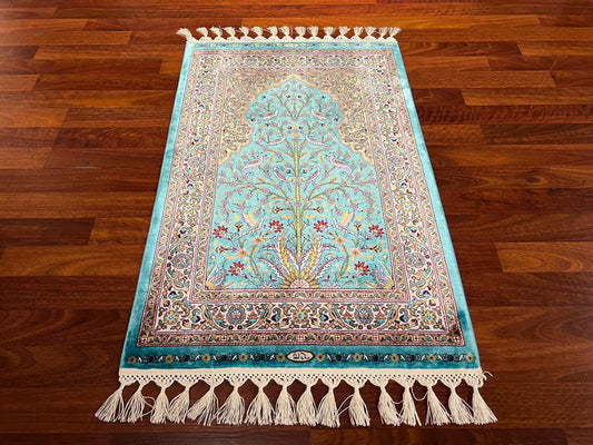 Turquoise Silk Prayer Rug, Bird Tree Motif Janamaz, Luxury Islamic Gift Mat